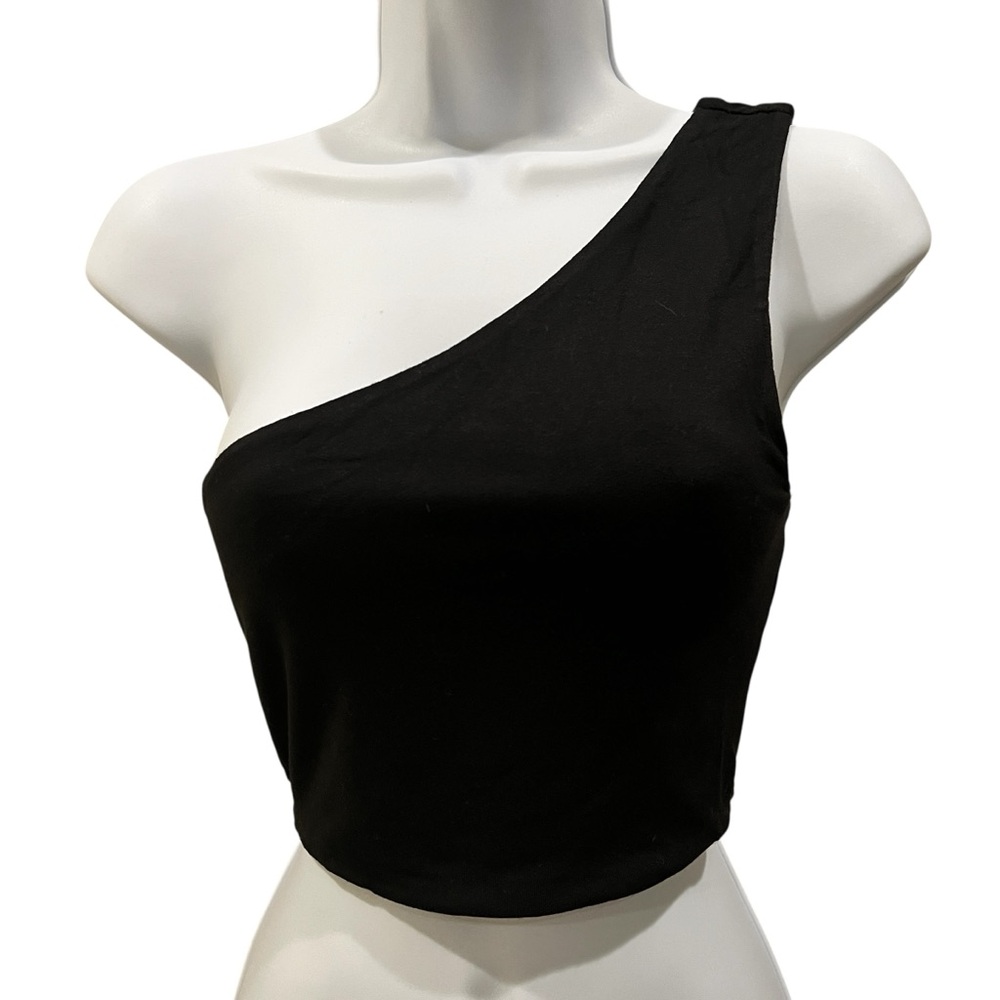 AFRM Noir One Shoulder Crop Top Asymmetric Stretch Knit Black Small NWT